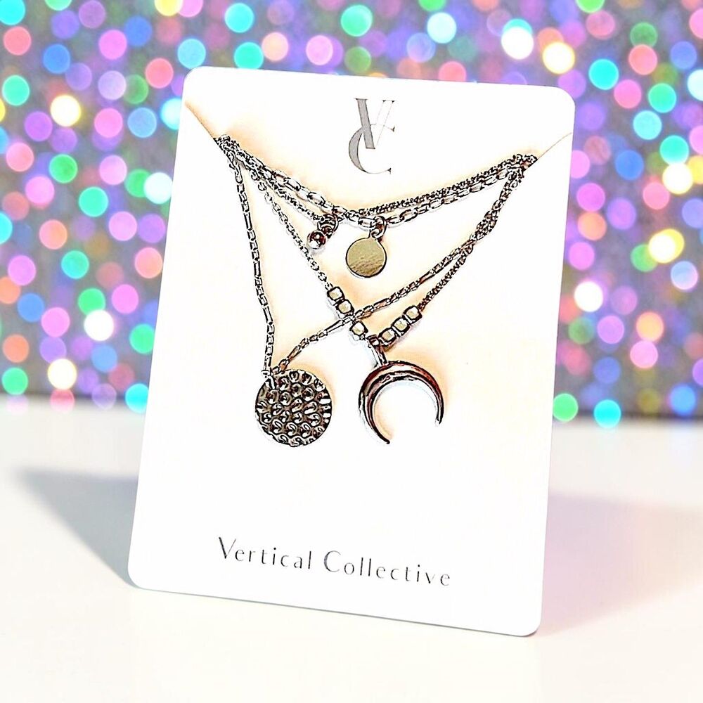 Vertical Collective Celestial Lariat Necklace Layered Silver Plated RV $58 NWT